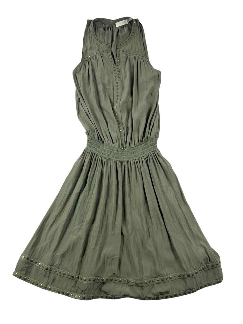 Ramy Brook Brittney Dress S Sleeveless Smocked Stud Trim Sage Green Mini Boho